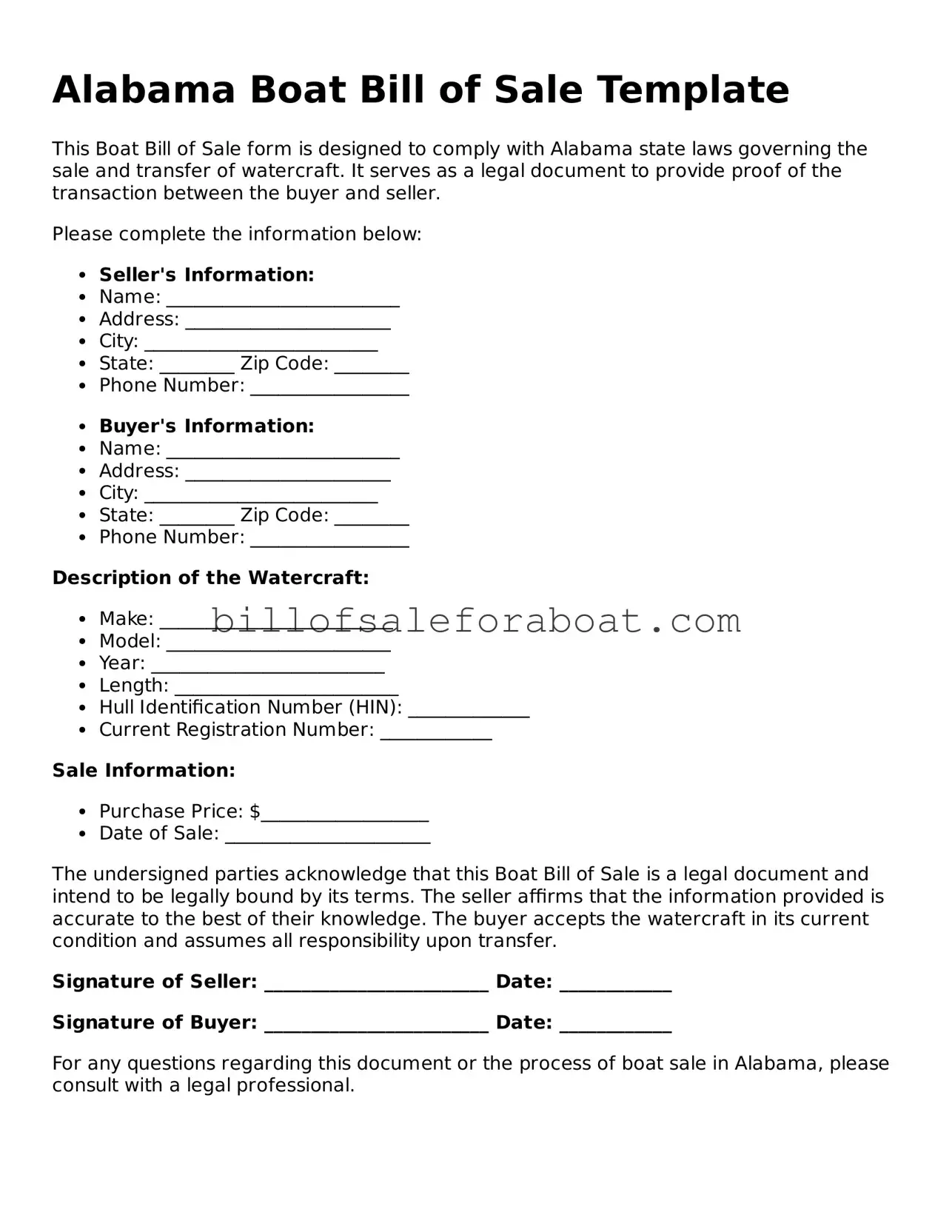 Boat Bill of Sale Template for Alabama State