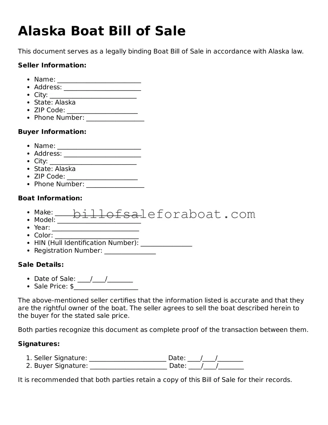Boat Bill of Sale Template for Alaska State