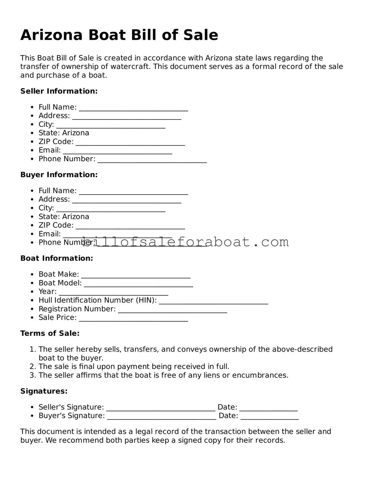 Boat Bill of Sale Template for Arizona State