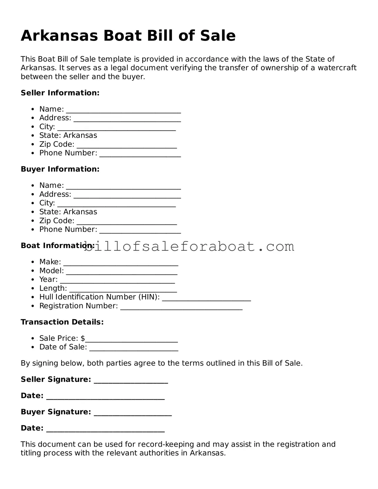Boat Bill of Sale Template for Arkansas State