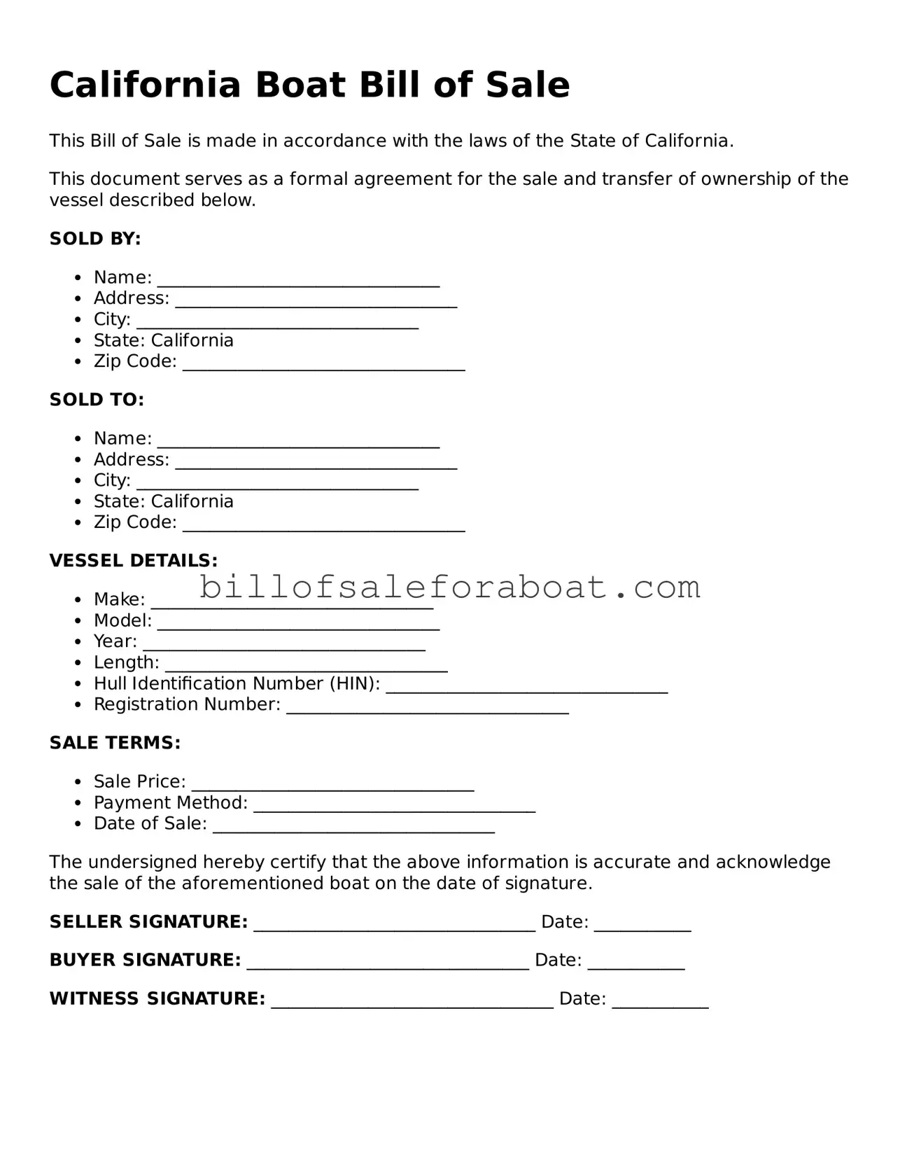 Boat Bill of Sale Template for California State
