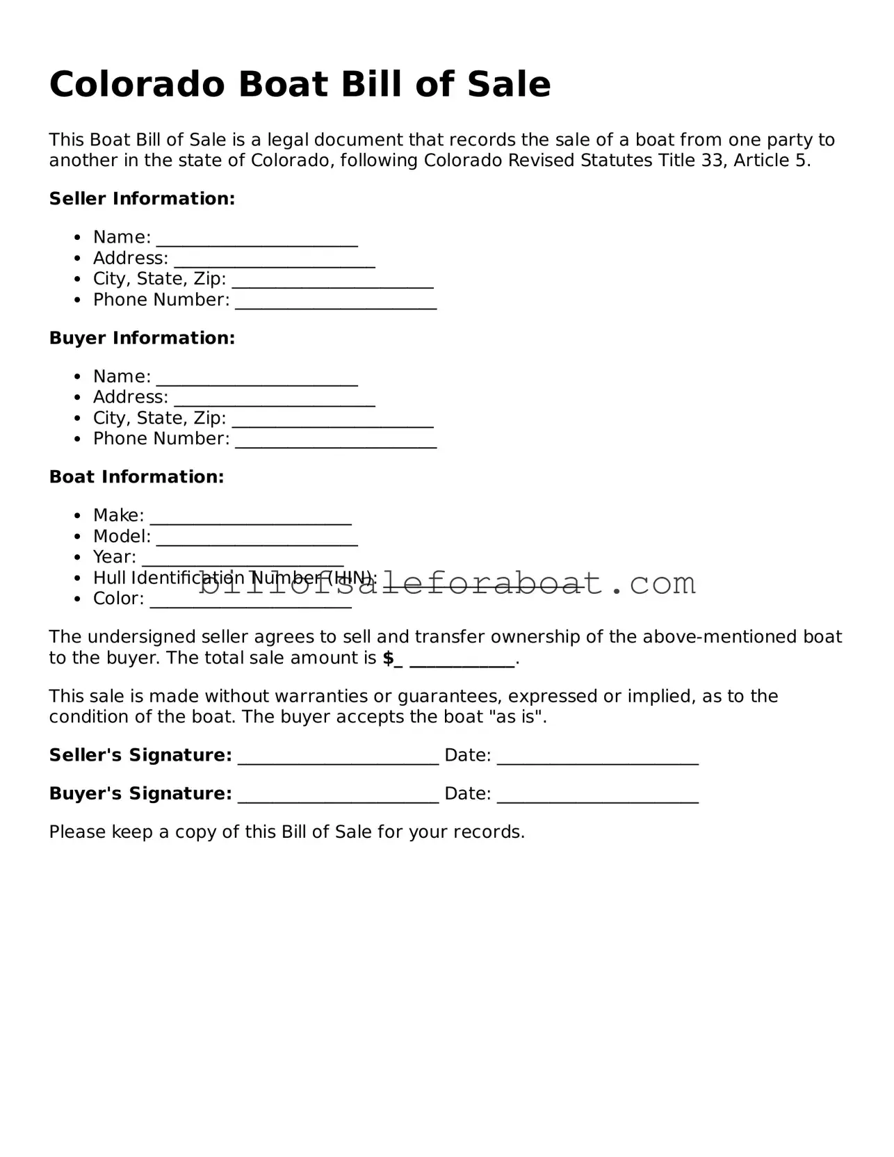 Boat Bill of Sale Template for Colorado State