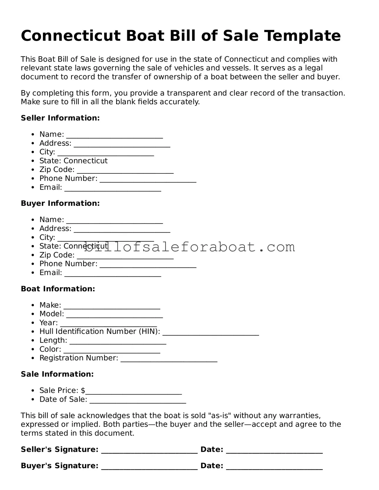 Boat Bill of Sale Template for Connecticut State