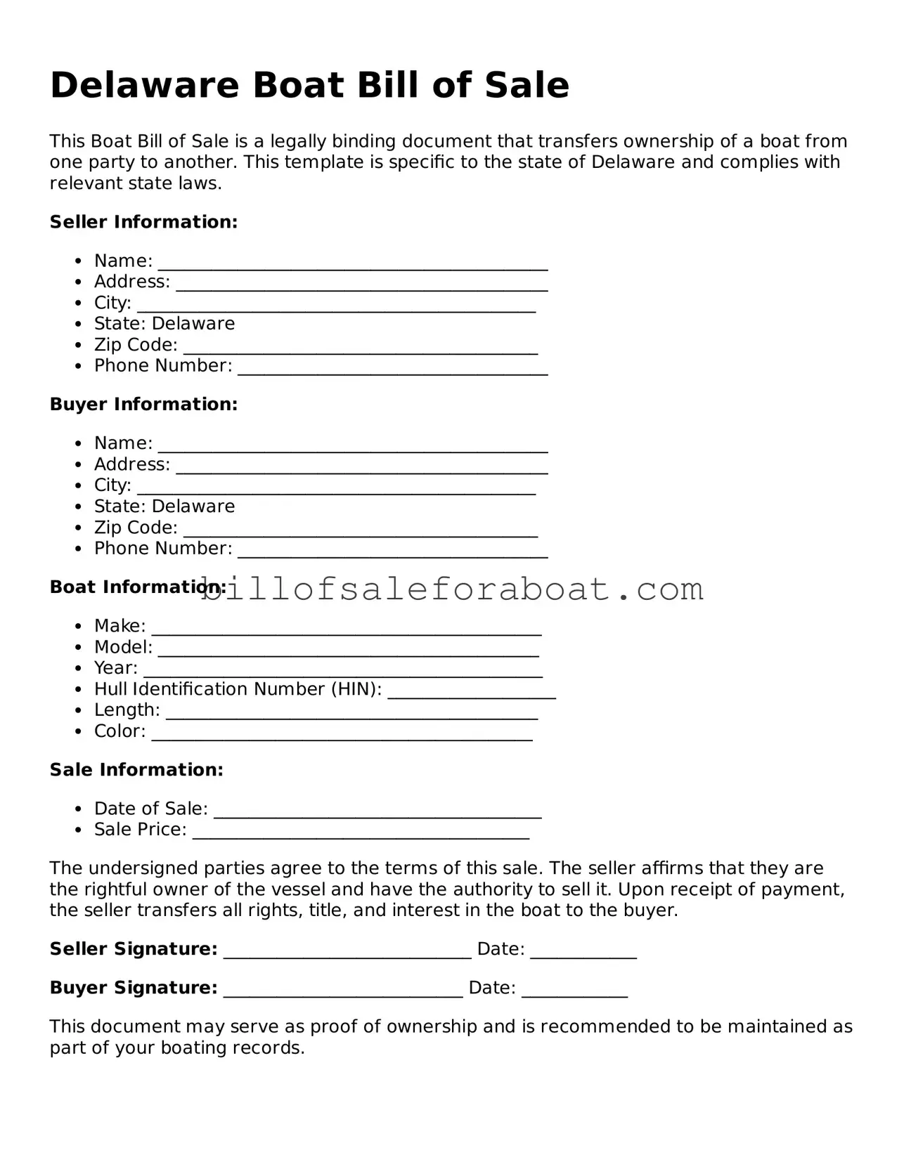 Boat Bill of Sale Template for Delaware State