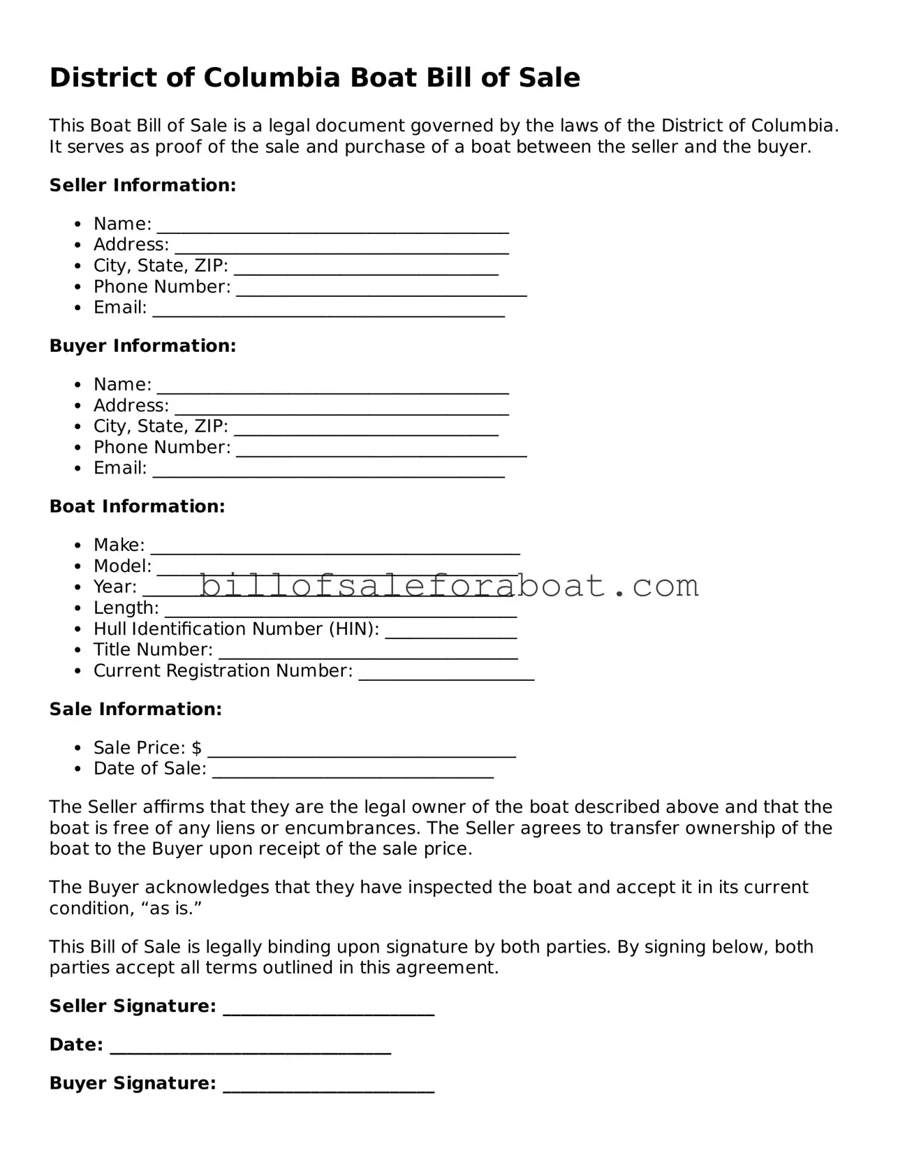 Boat Bill of Sale Template for District of Columbia State