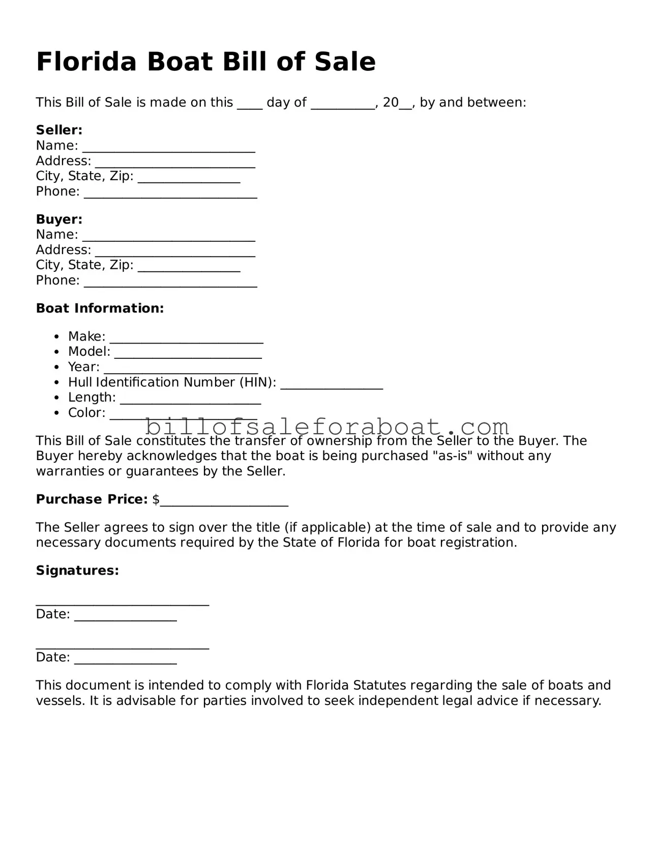 Boat Bill of Sale Template for Florida State