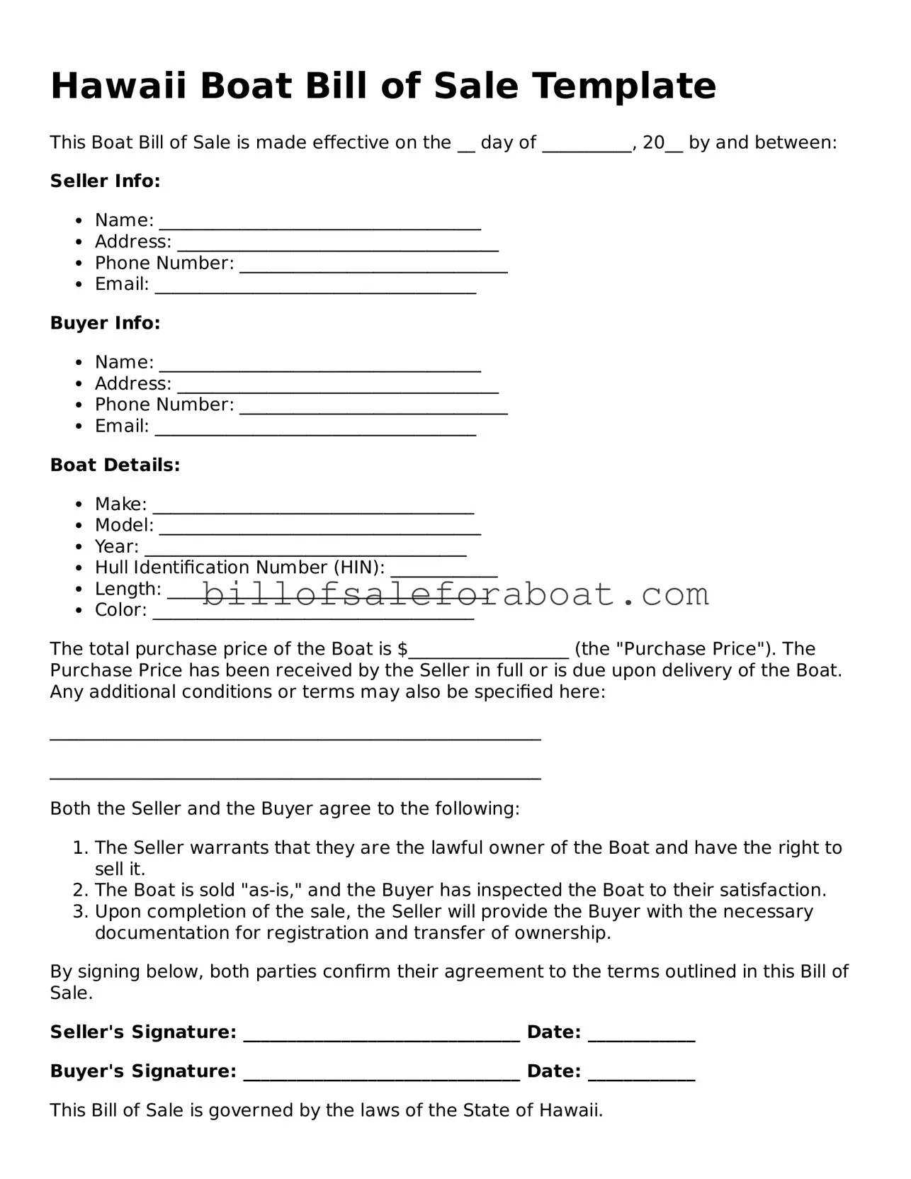 Boat Bill of Sale Template for Hawaii State