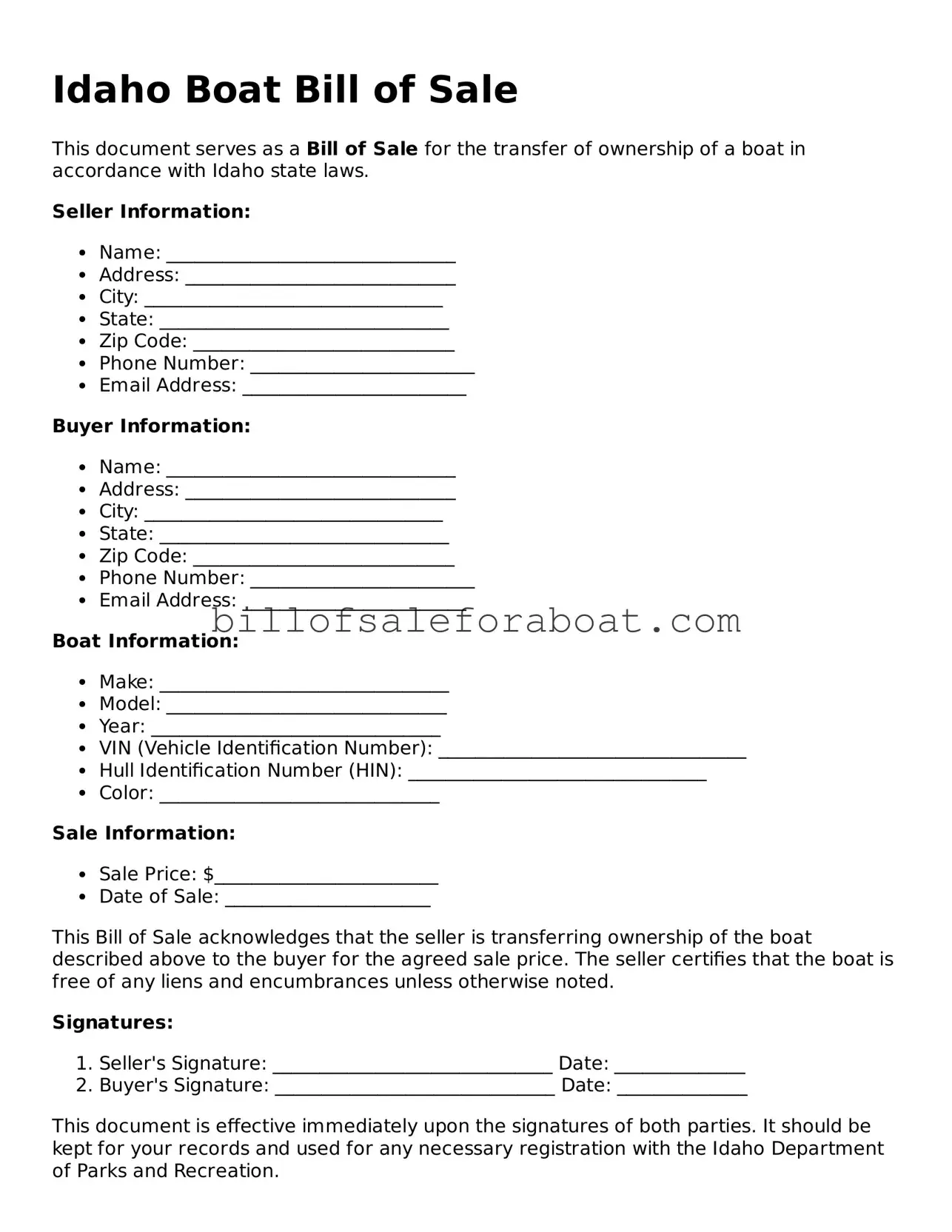 Boat Bill of Sale Template for Idaho State