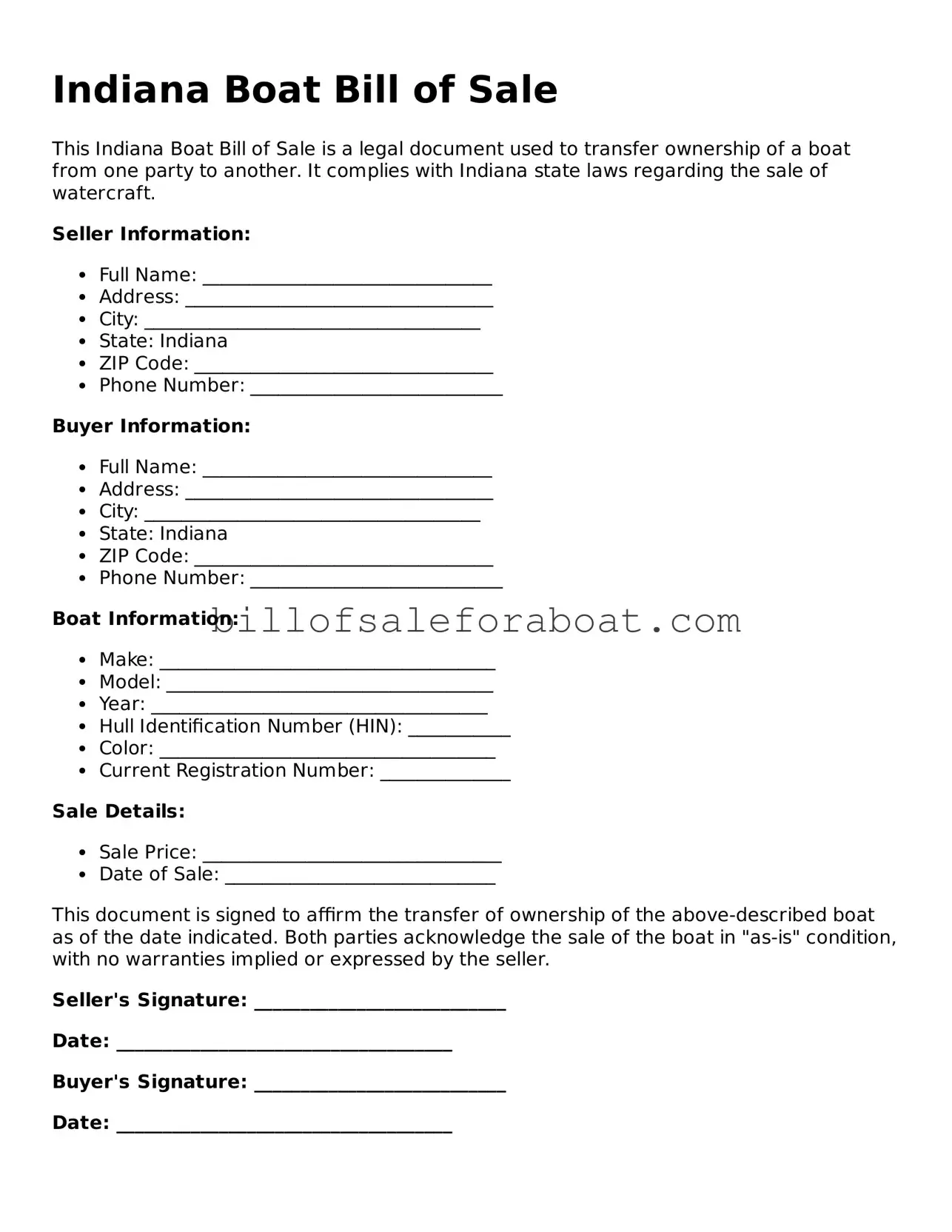 Boat Bill of Sale Template for Indiana State