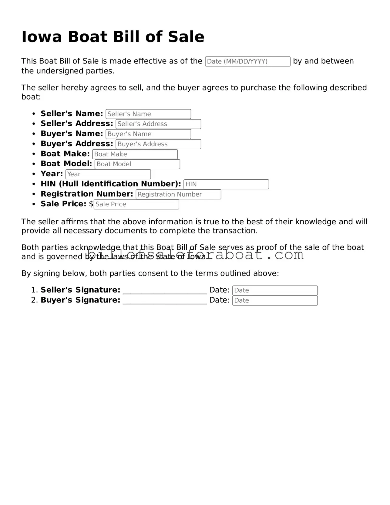 Boat Bill of Sale Template for Iowa State