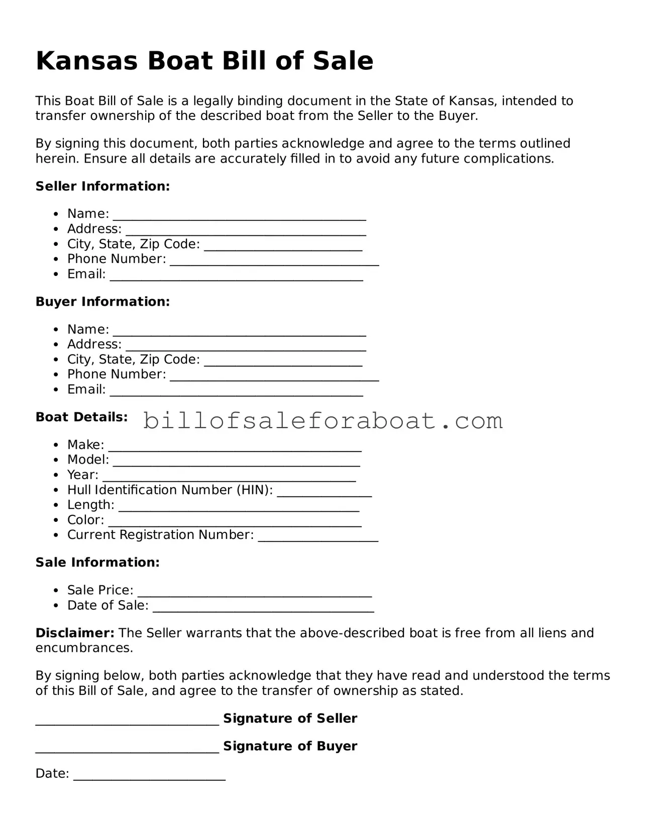 Boat Bill of Sale Template for Kansas State
