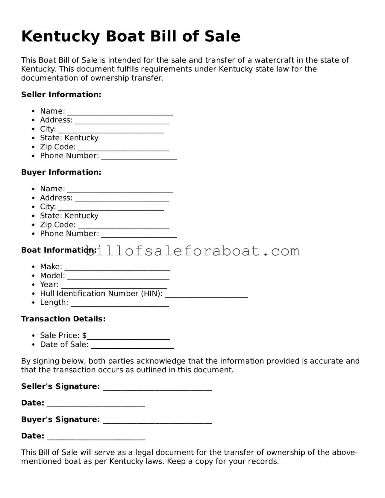 Boat Bill of Sale Template for Kentucky State