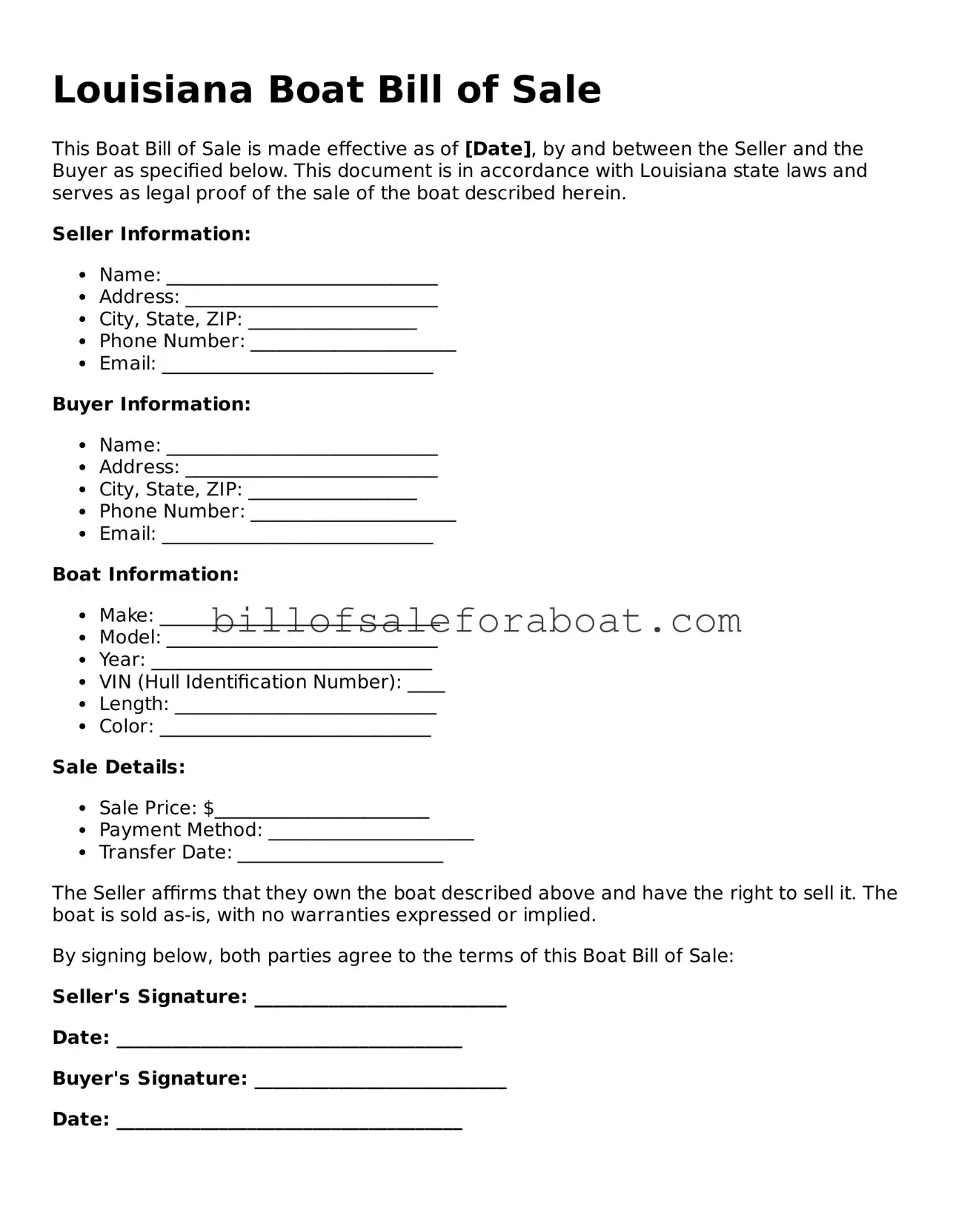 Boat Bill of Sale Template for Louisiana State