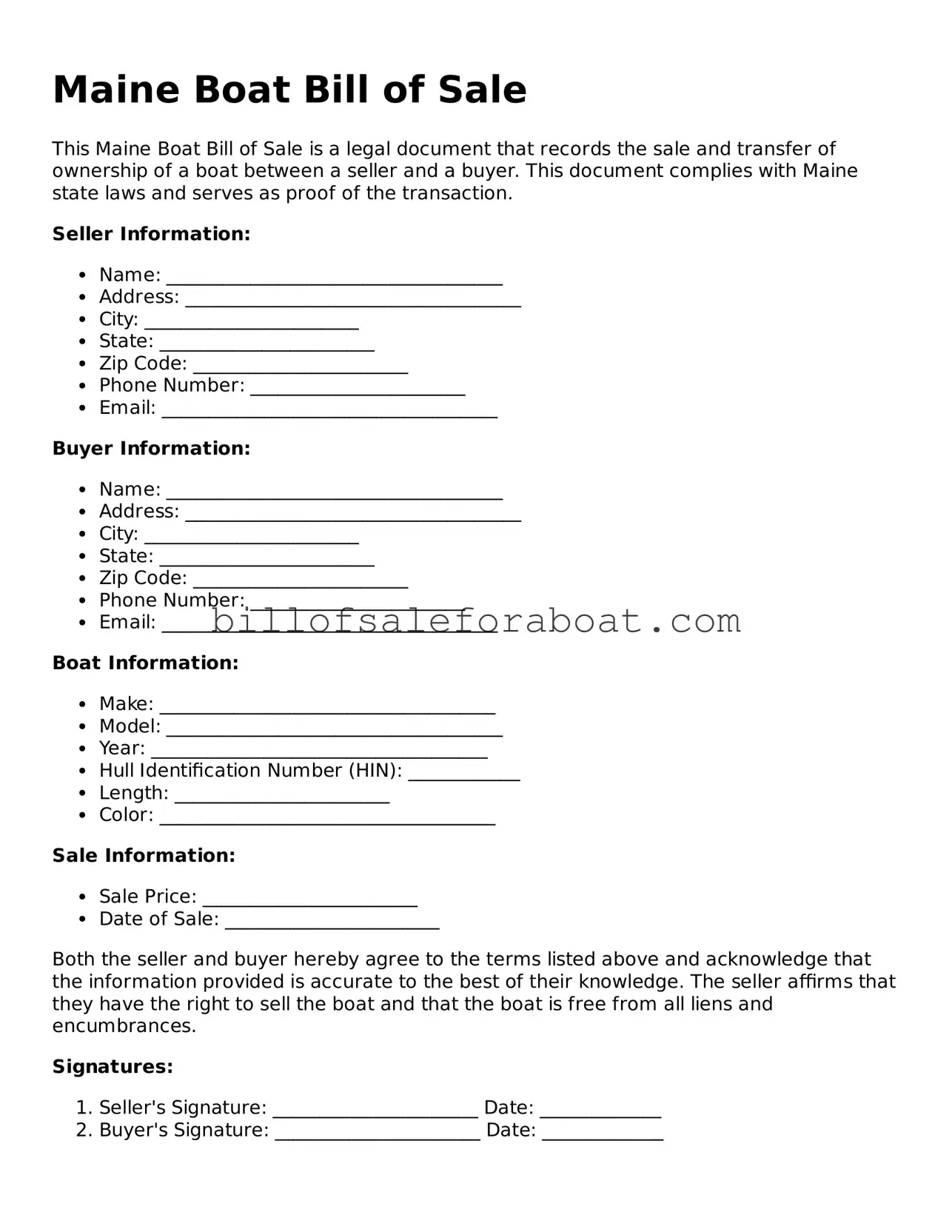Boat Bill of Sale Template for Maine State