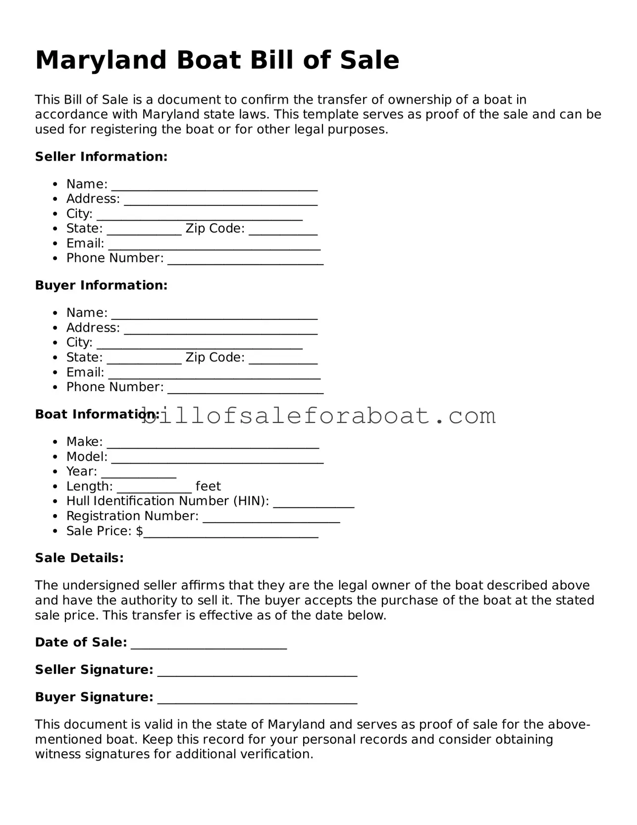 Boat Bill of Sale Template for Maryland State
