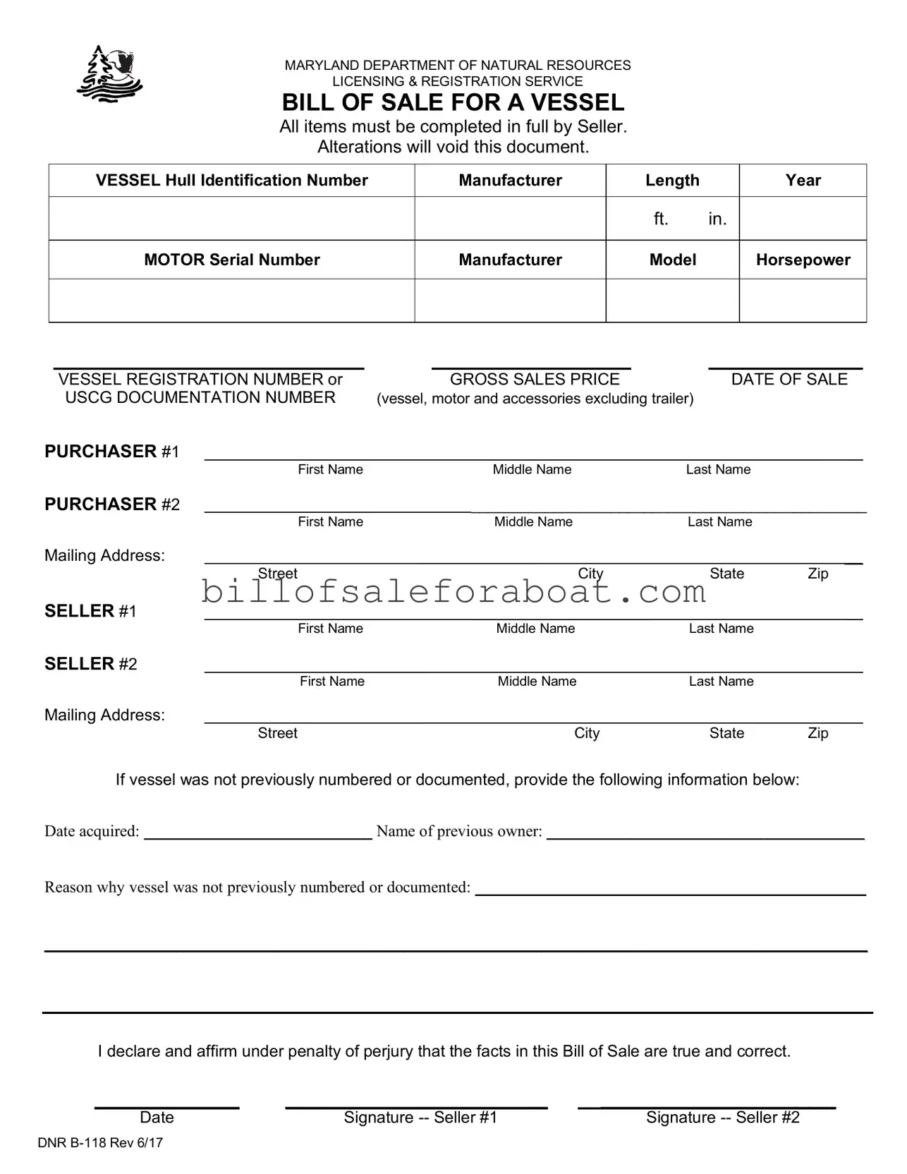 Get Maryland Boat Bill of Sale DNR B-118 Template in PDF