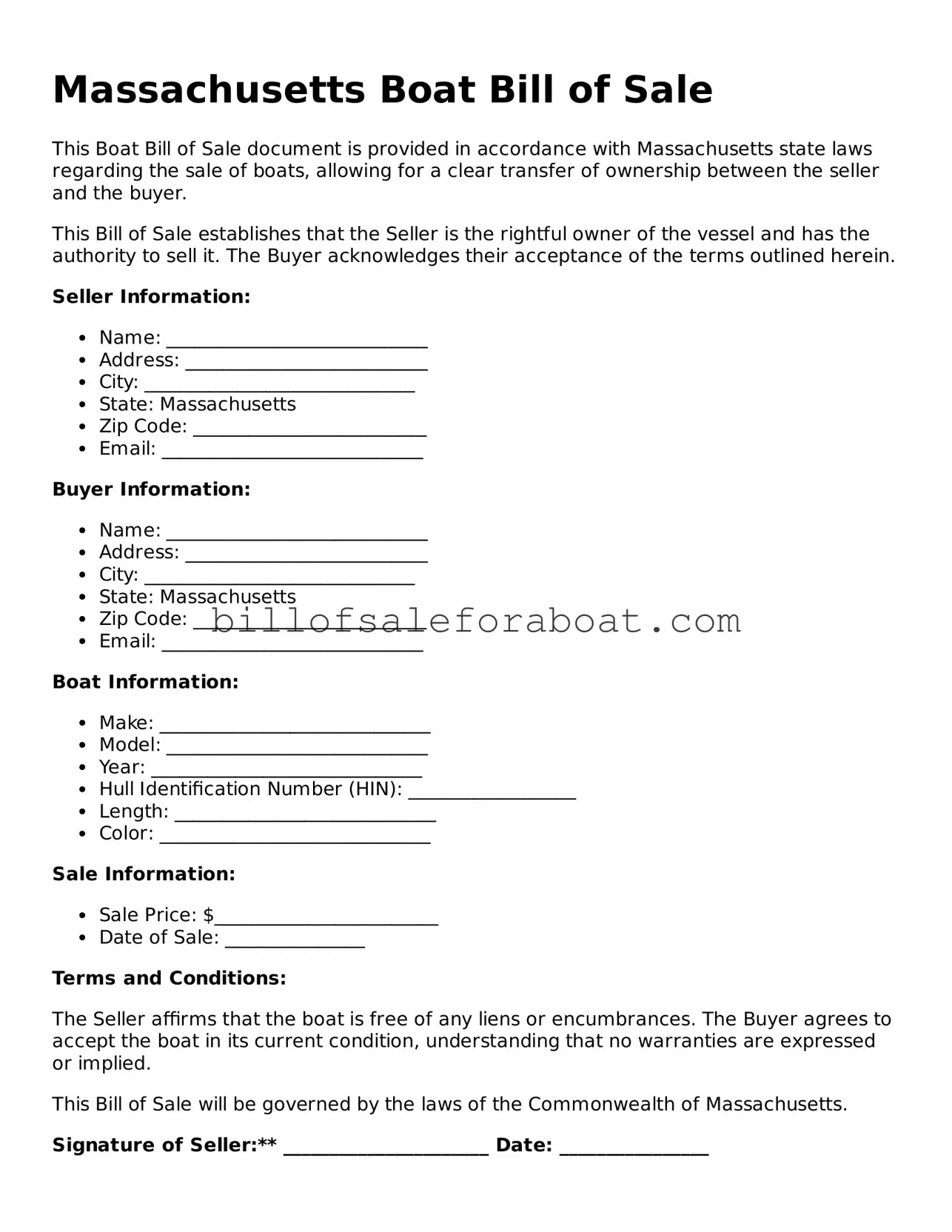 Boat Bill of Sale Template for Massachusetts State