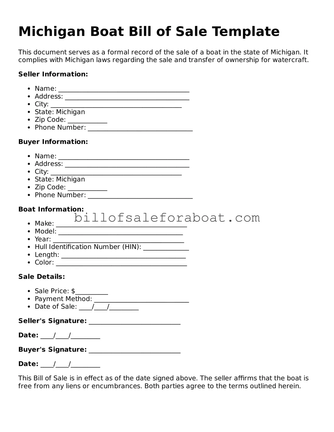 Boat Bill of Sale Template for Michigan State