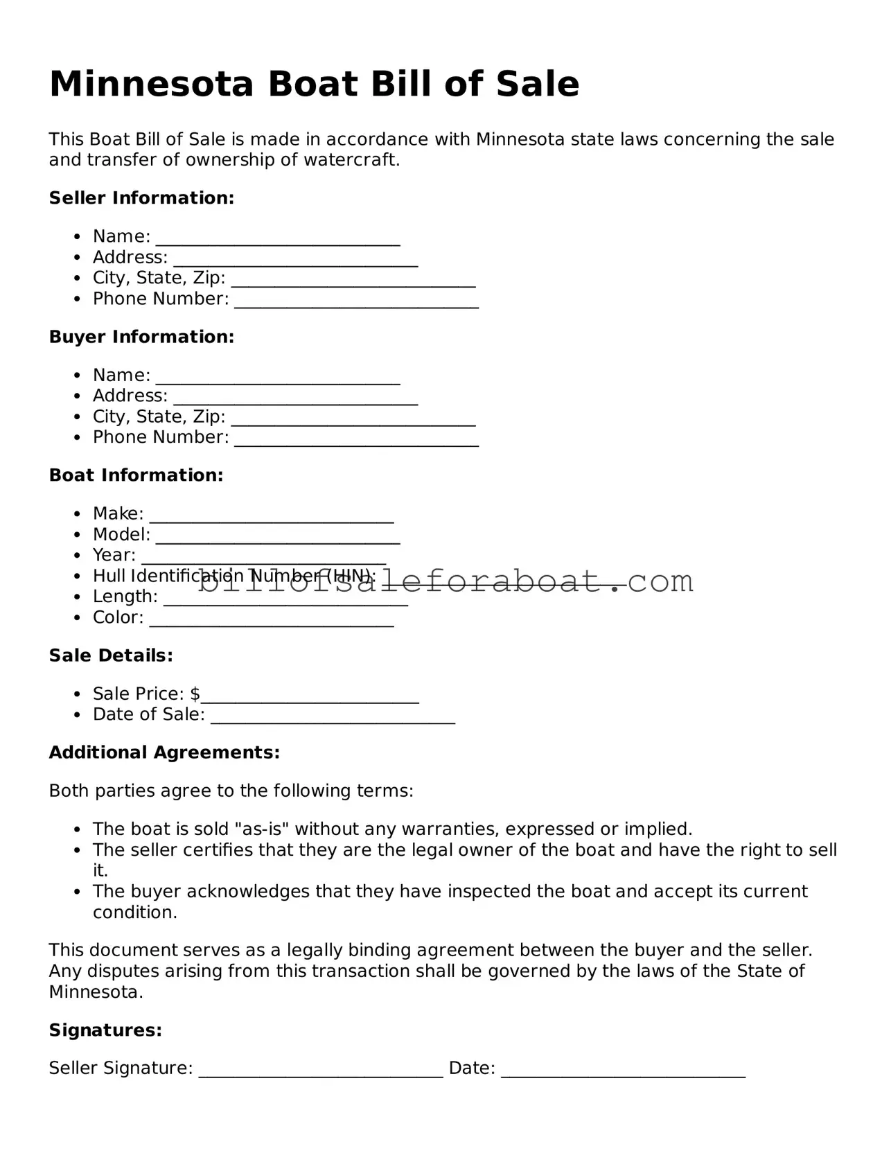 Boat Bill of Sale Template for Minnesota State
