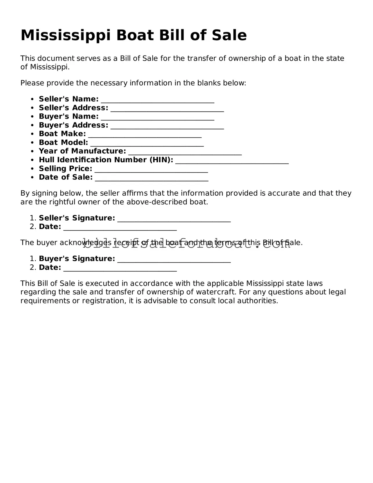 Boat Bill of Sale Template for Mississippi State