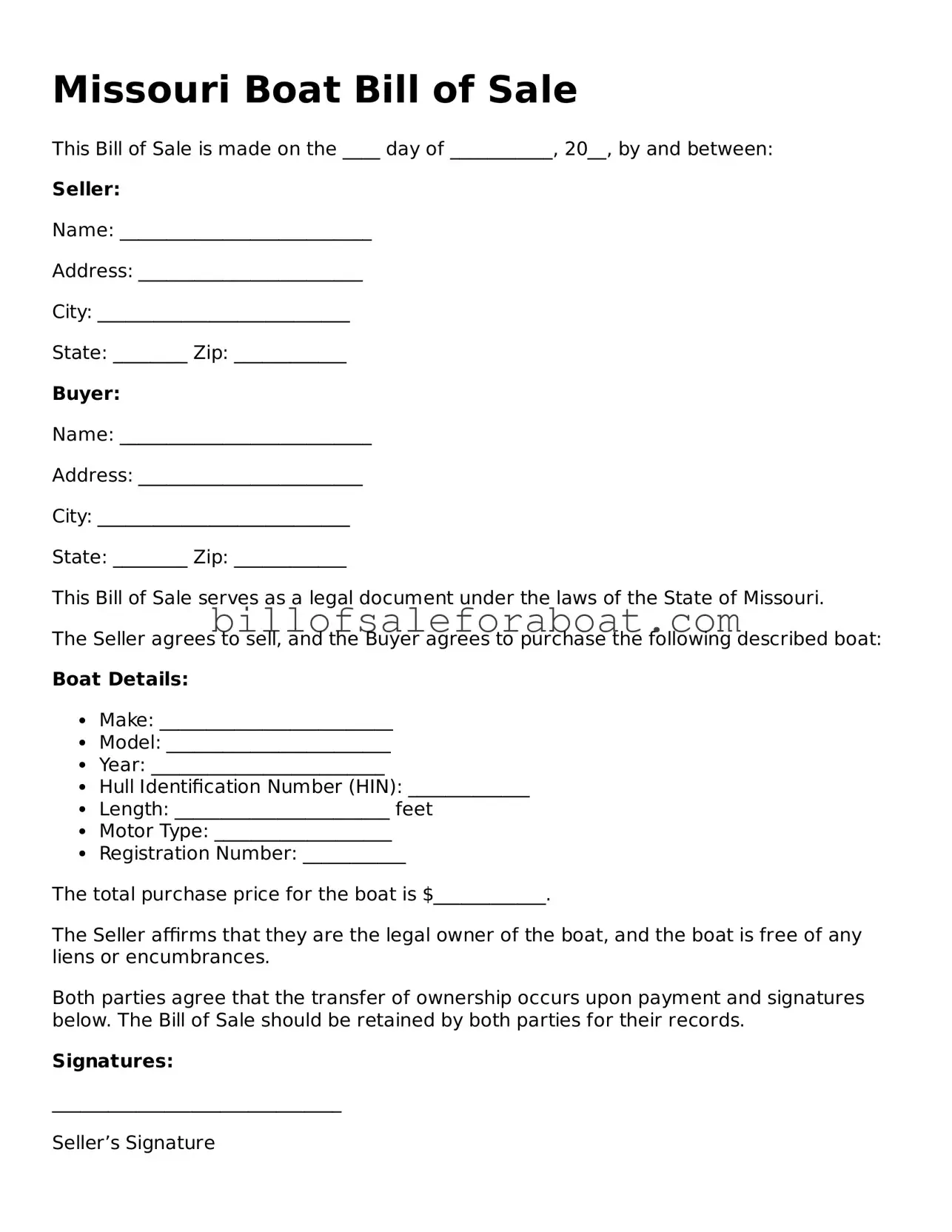 Boat Bill of Sale Template for Missouri State