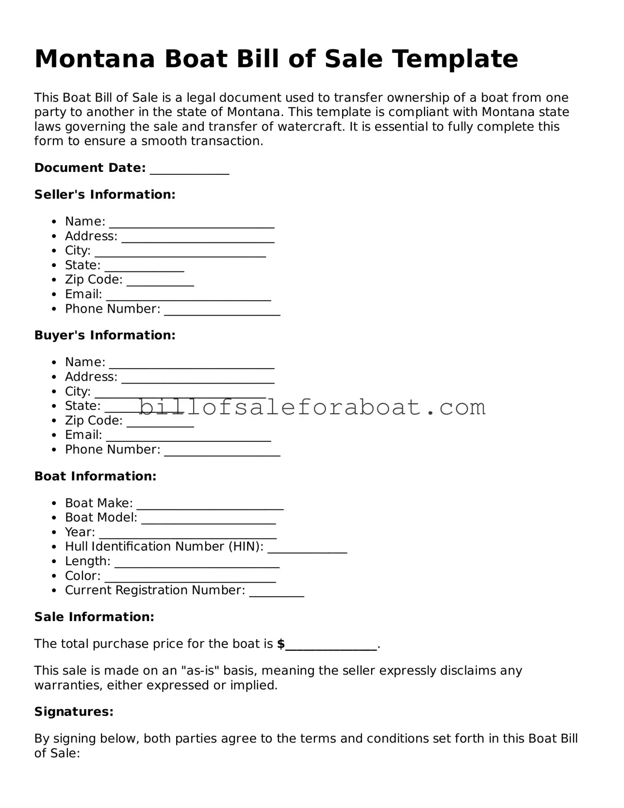 Boat Bill of Sale Template for Montana State