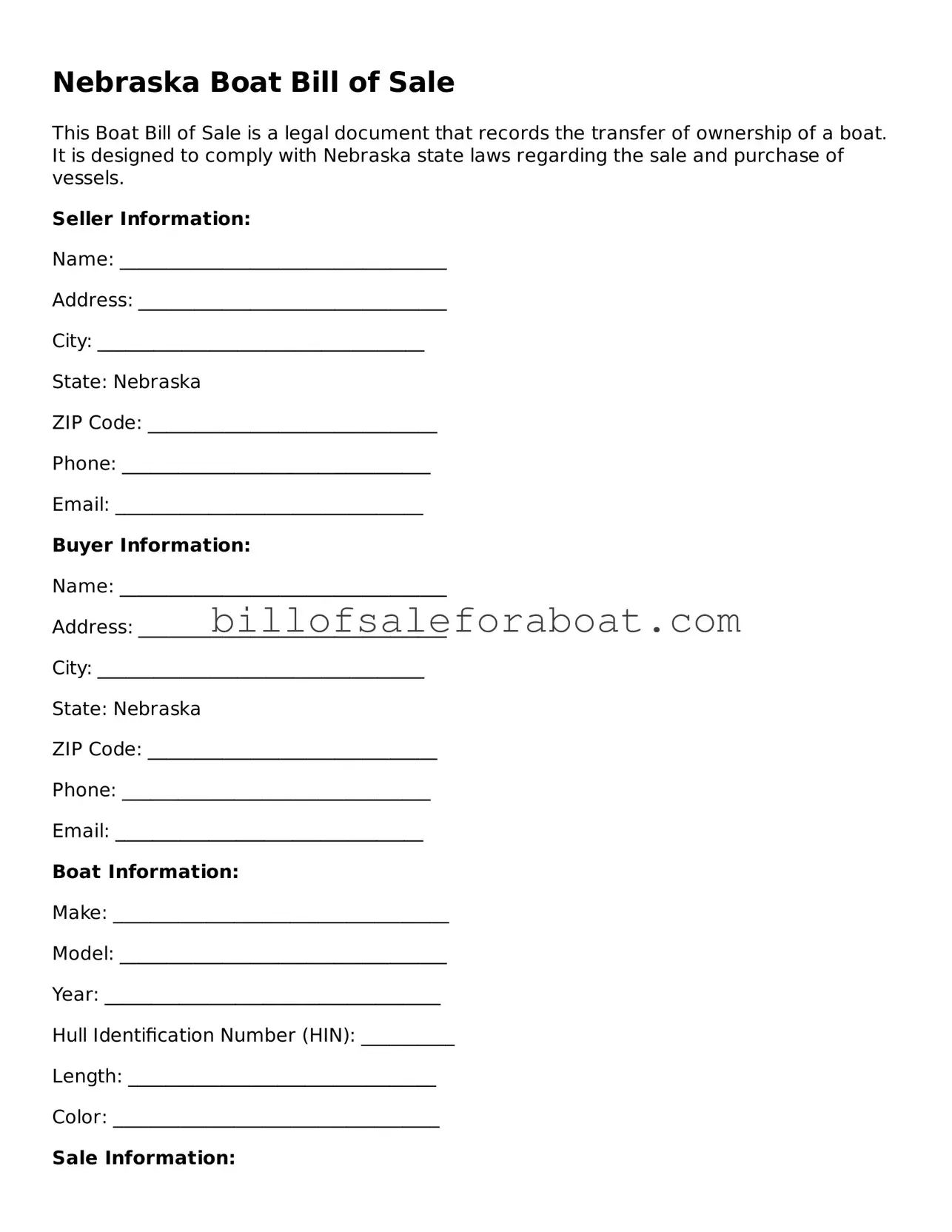 Boat Bill of Sale Template for Nebraska State