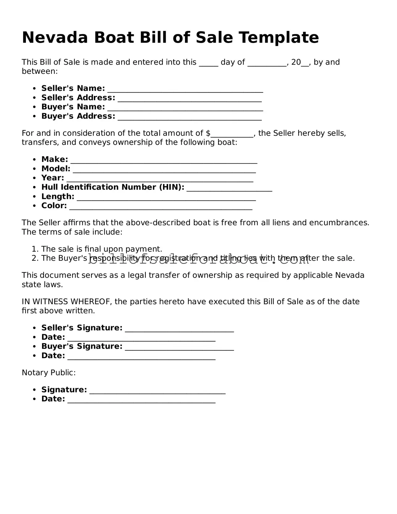 Boat Bill of Sale Template for Nevada State