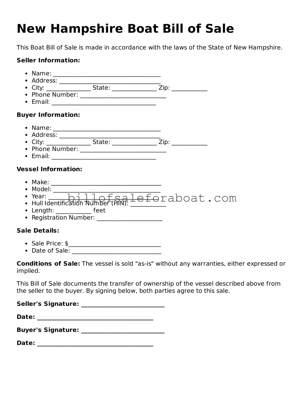 Boat Bill of Sale Template for New Hampshire State