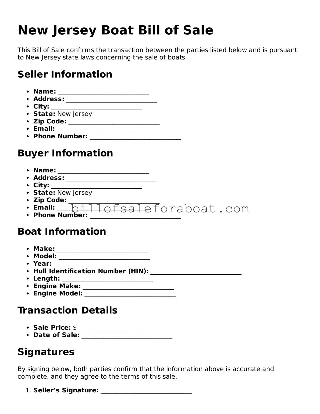 Boat Bill of Sale Template for New Jersey State