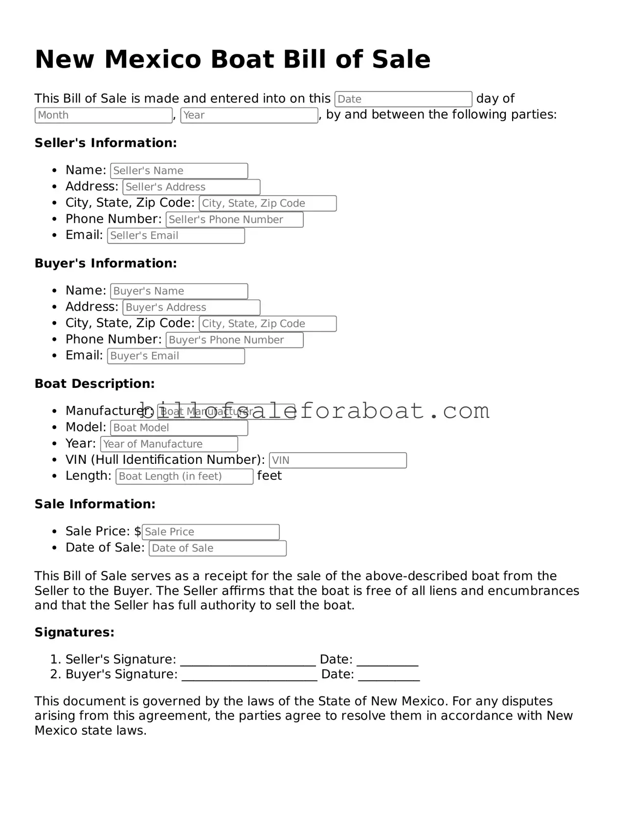 Boat Bill of Sale Template for New Mexico State