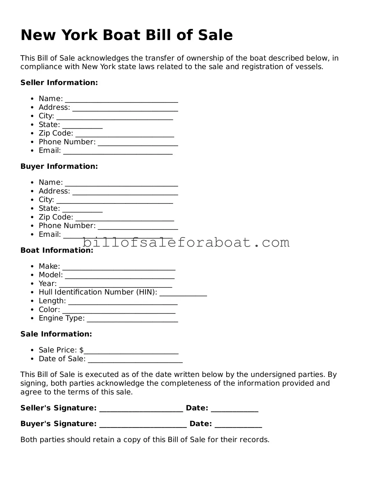 Boat Bill of Sale Template for New York State