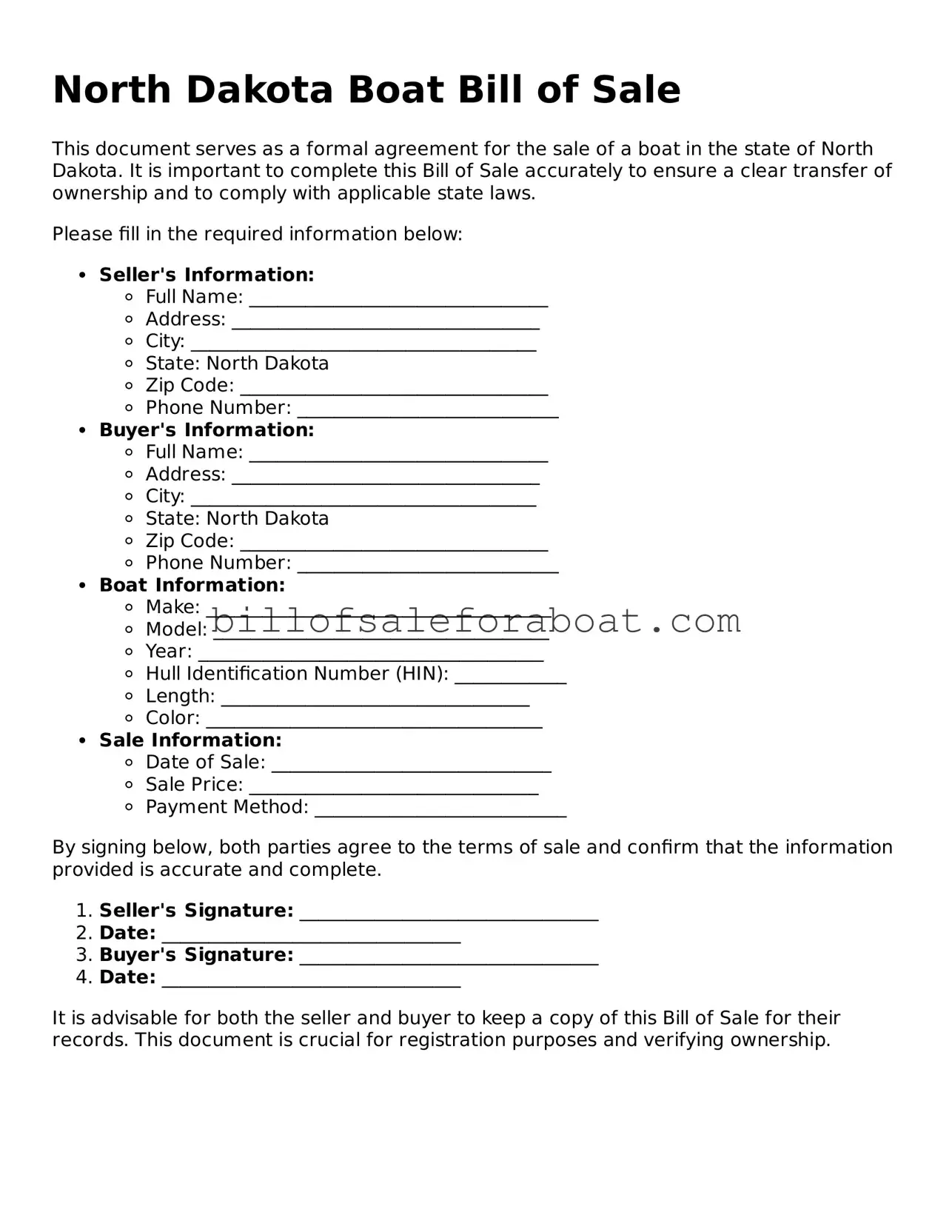Boat Bill of Sale Template for North Dakota State