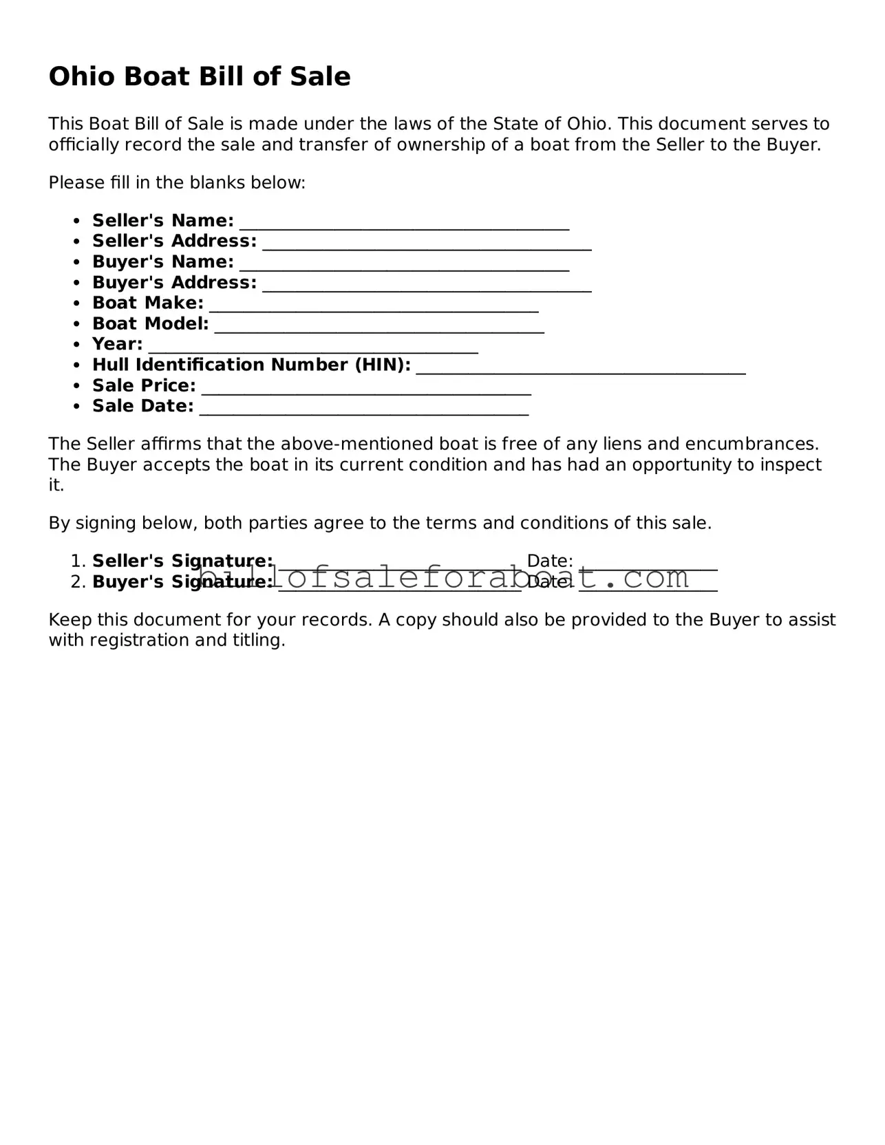 Boat Bill of Sale Template for Ohio State