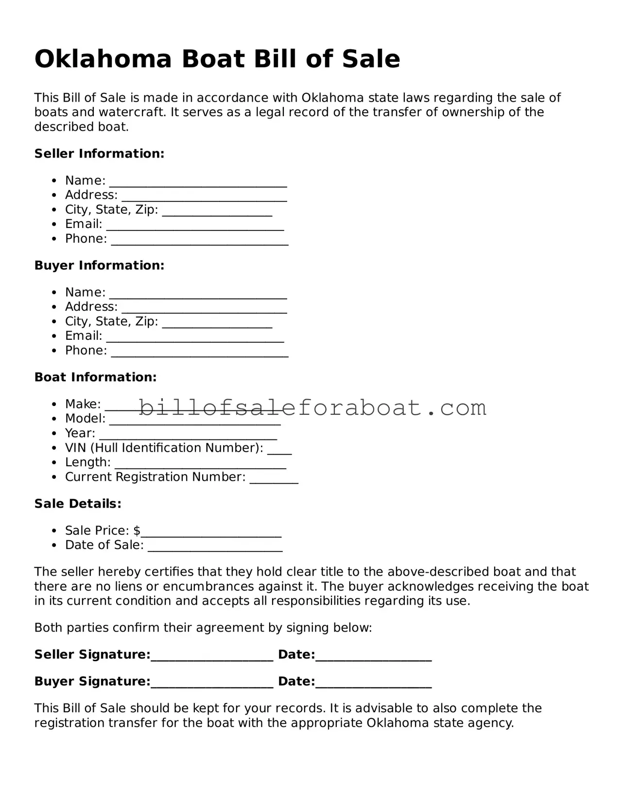 Boat Bill of Sale Template for Oklahoma State