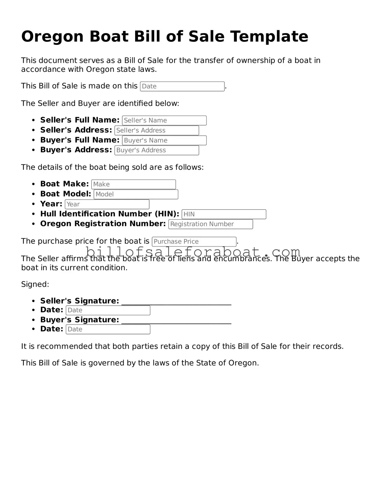 Boat Bill of Sale Template for Oregon State