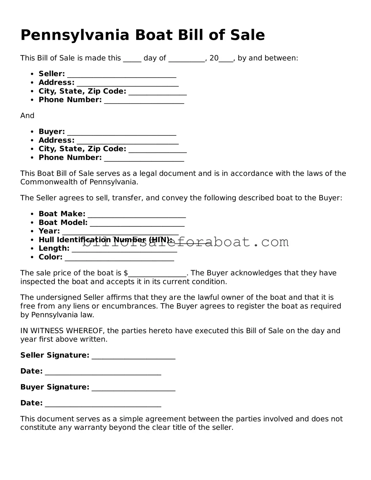 Boat Bill of Sale Template for Pennsylvania State