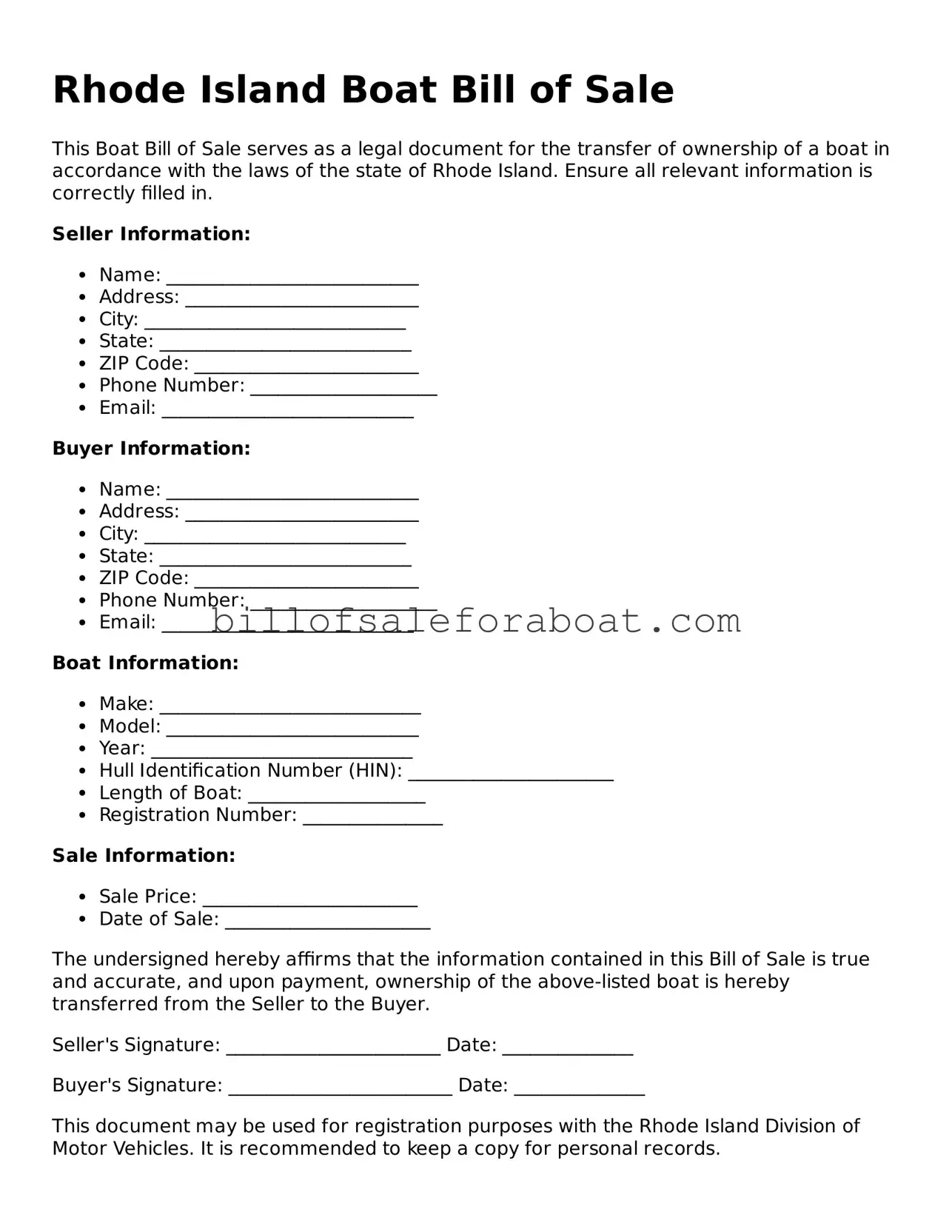 Boat Bill of Sale Template for Rhode Island State