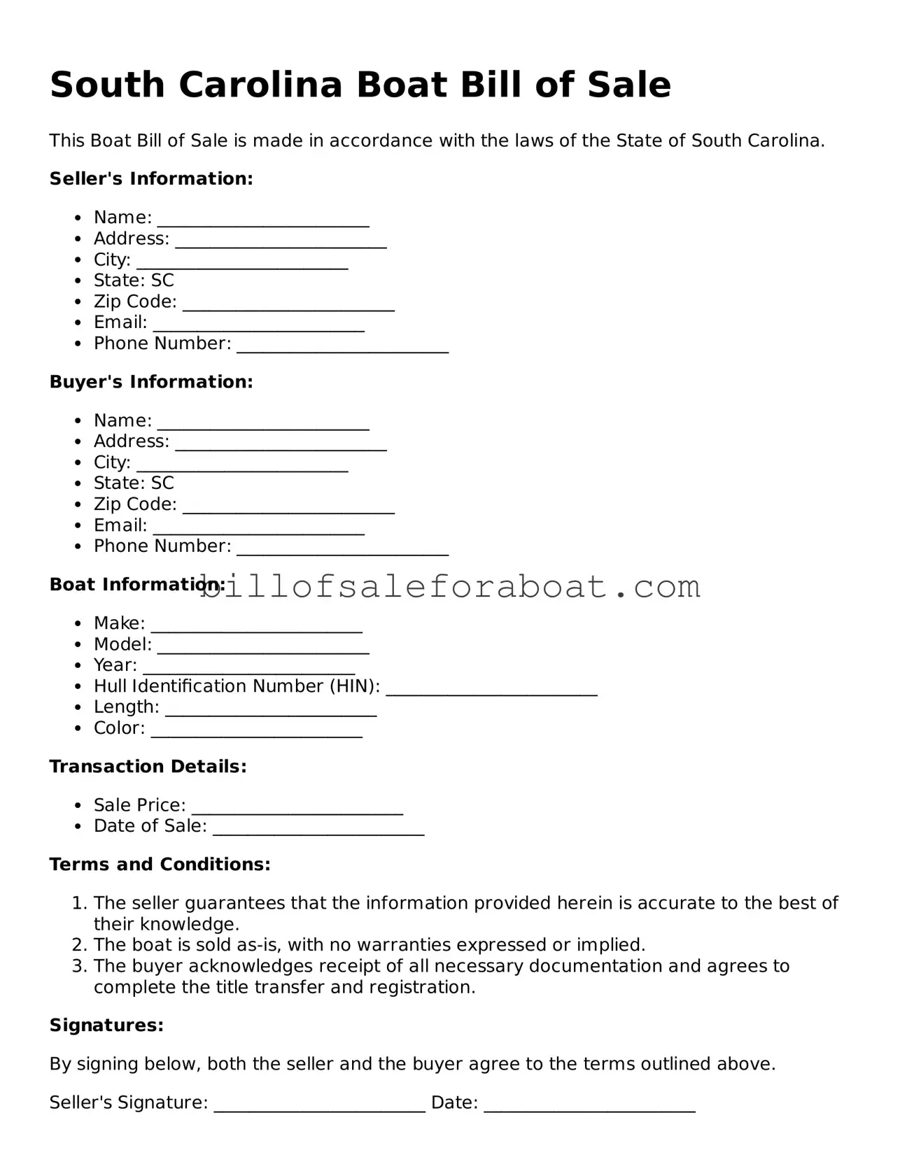 Boat Bill of Sale Template for South Carolina State