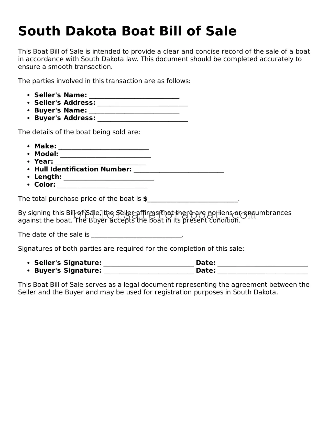 Boat Bill of Sale Template for South Dakota State