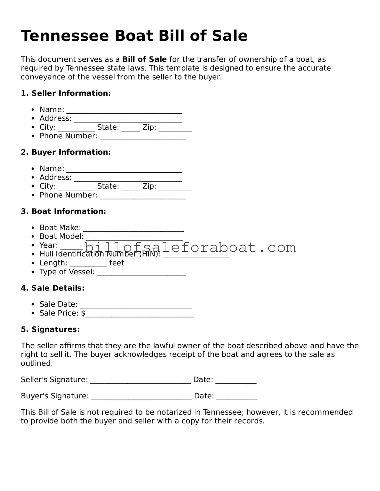 Boat Bill of Sale Template for Tennessee State