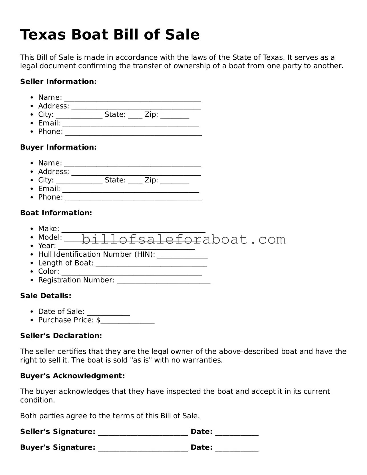 Boat Bill of Sale Template for Texas State