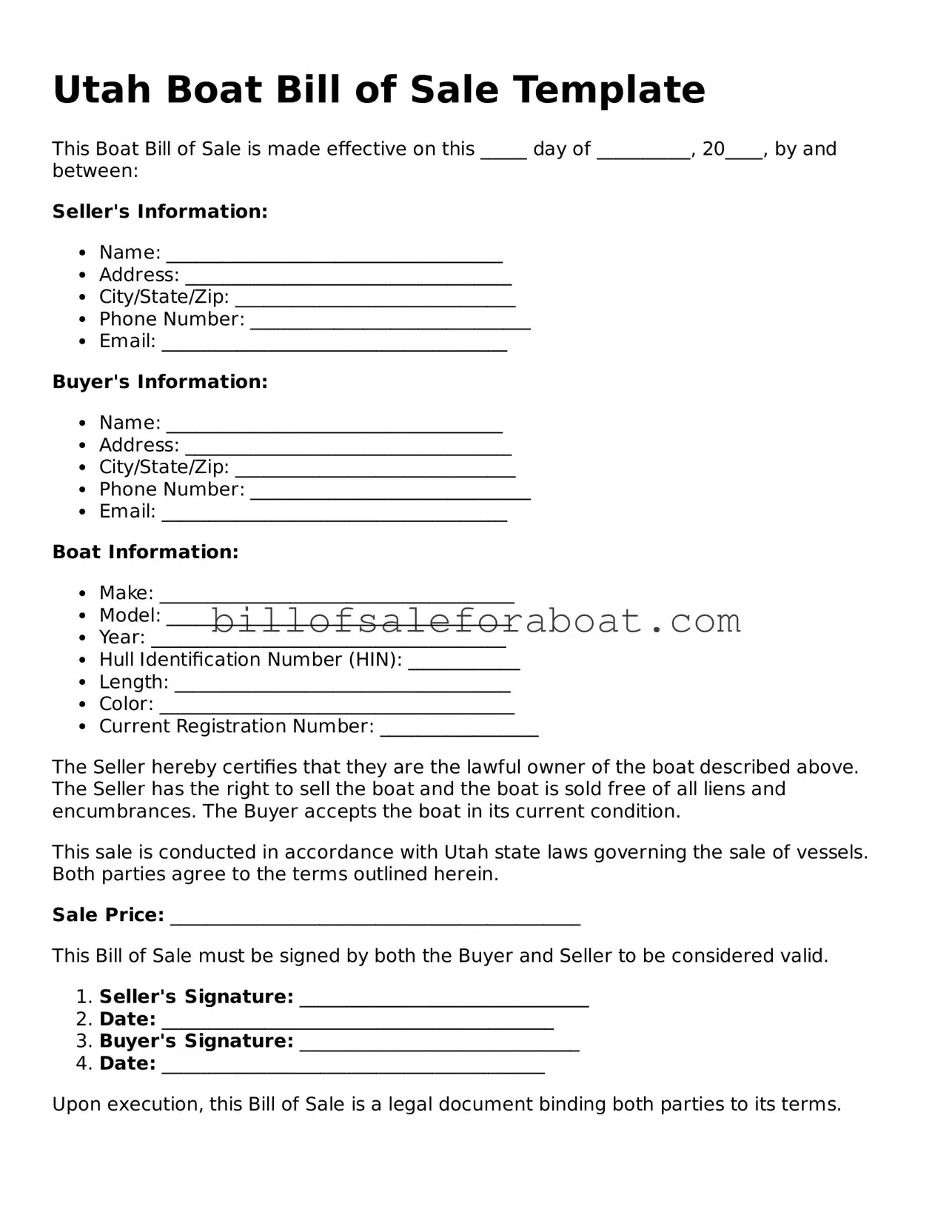 Boat Bill of Sale Template for Utah State