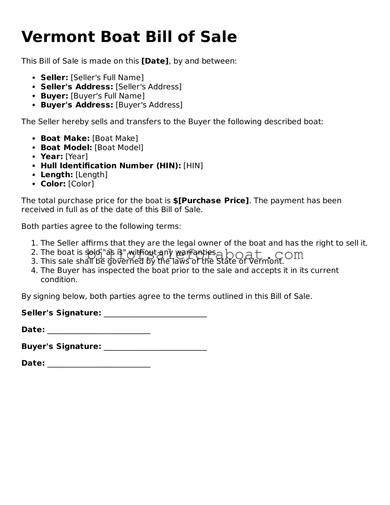 Boat Bill of Sale Template for Vermont State
