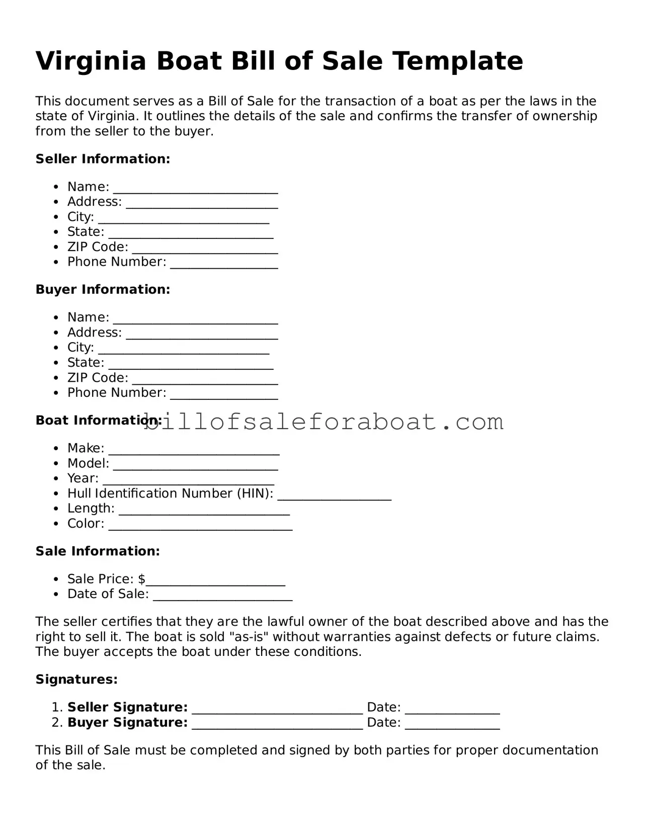 Boat Bill of Sale Template for Virginia State