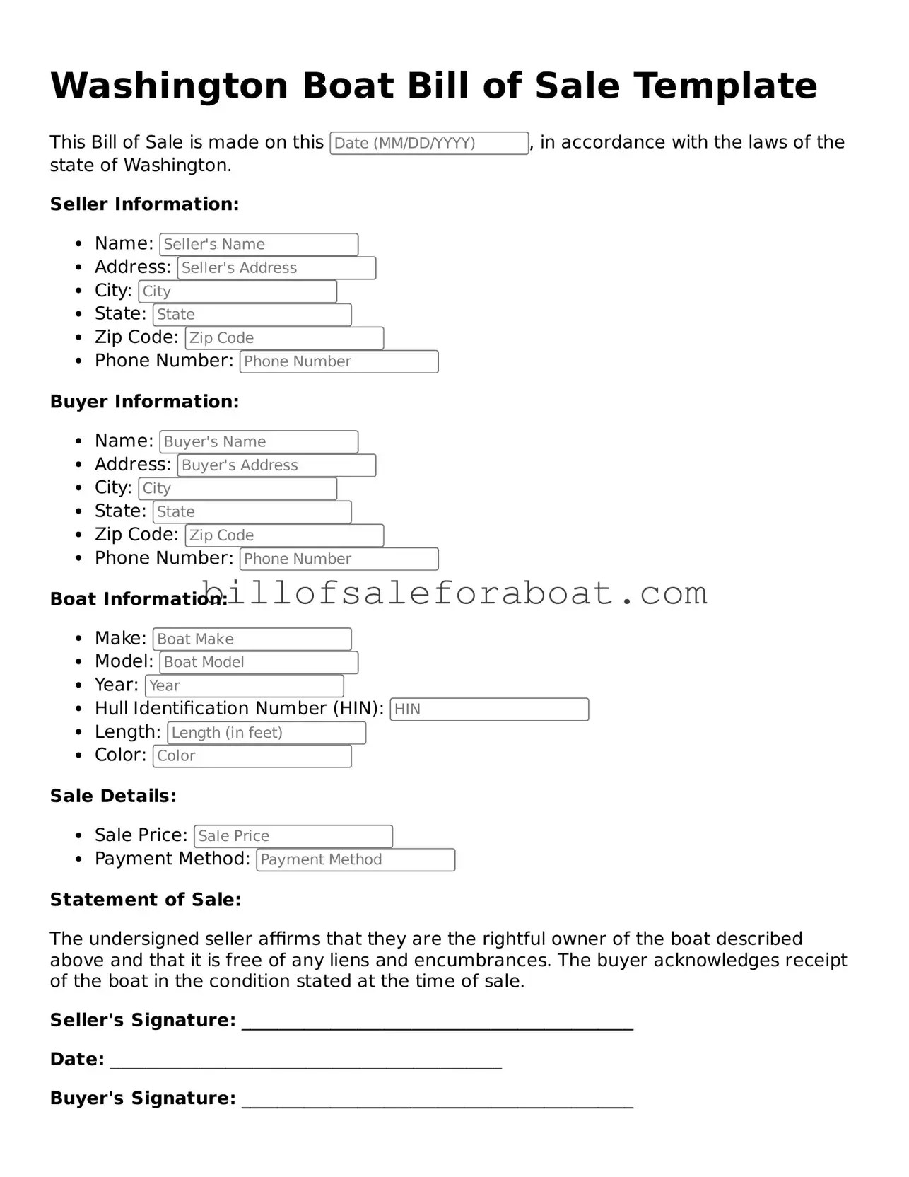 Boat Bill of Sale Template for Washington State