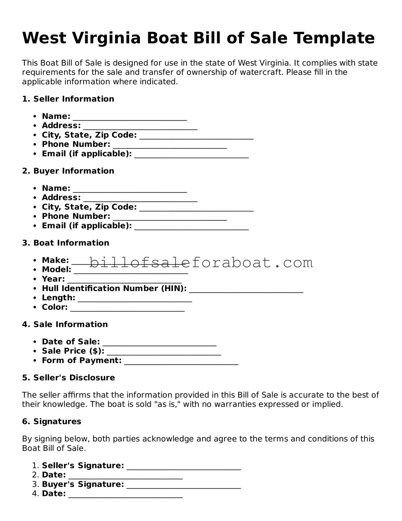 Boat Bill of Sale Template for West Virginia State