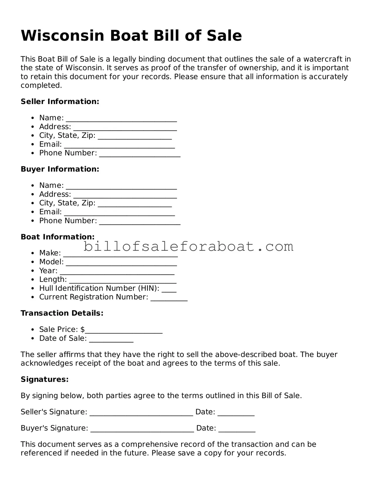 Boat Bill of Sale Template for Wisconsin State