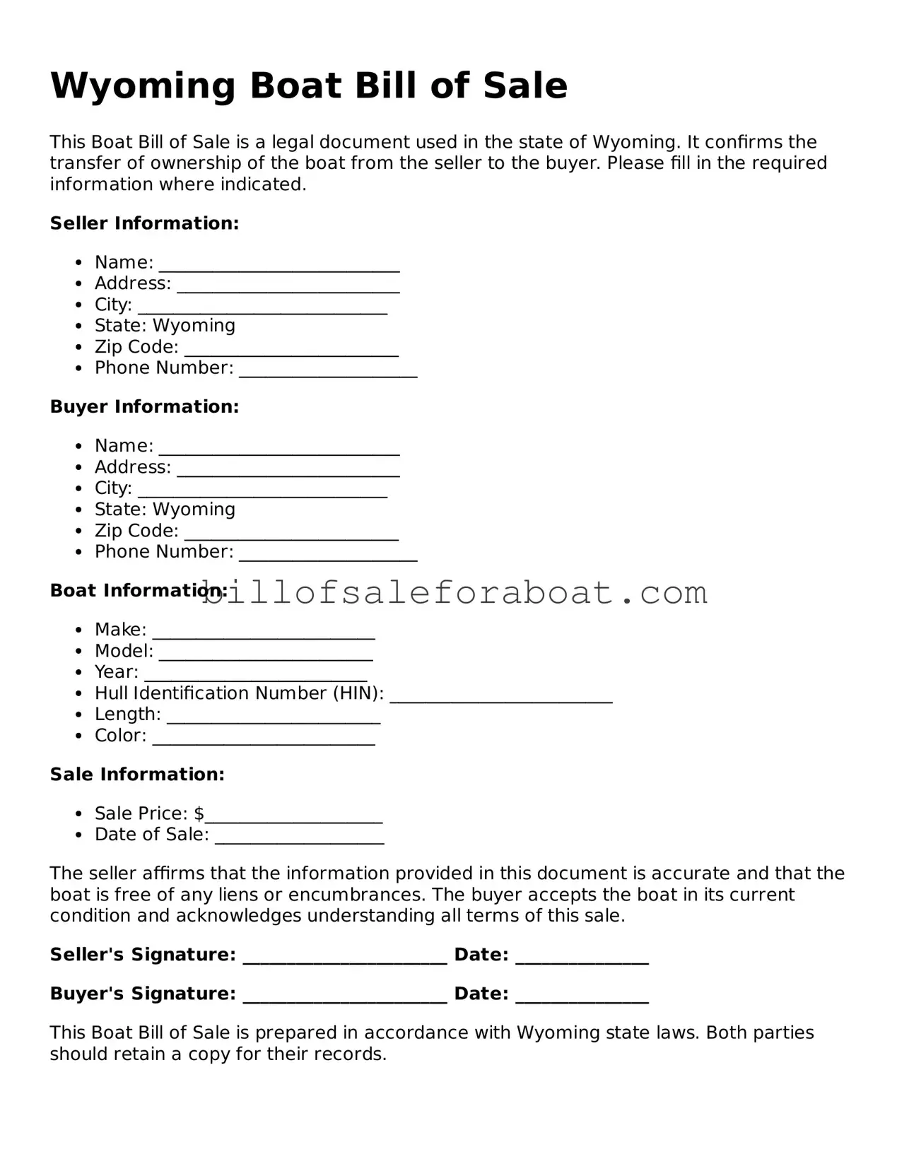 Boat Bill of Sale Template for Wyoming State
